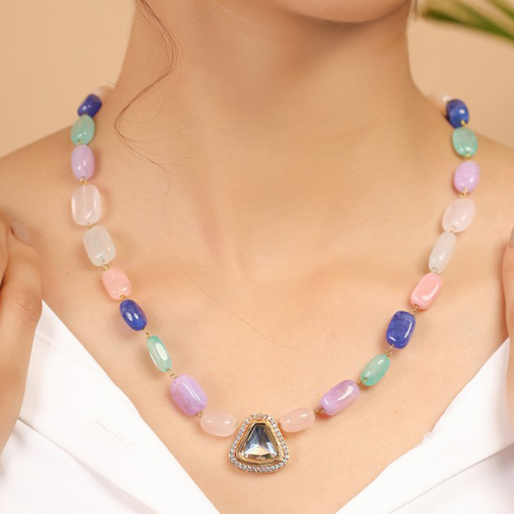 Colorful Pastel Beaded Necklace with Triangular Kundan Pendant
